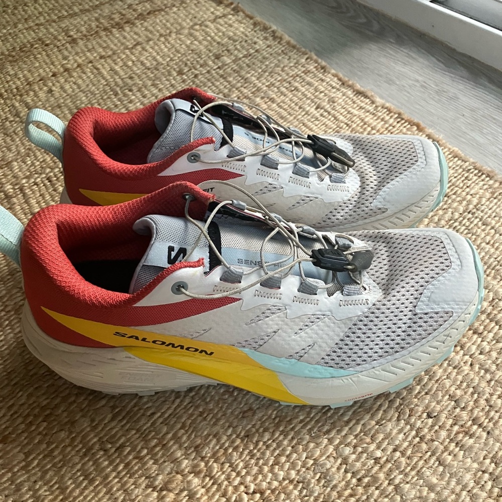 Salomon Sense Ride 5. Women’s size 7. color: rainy day/hot sauce/freesia